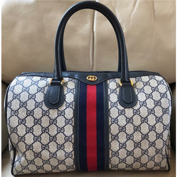 Gucci Handbags - Authenticated Vintage Gucci Web Monogram Canvas Leather Large Boston Bag, COA